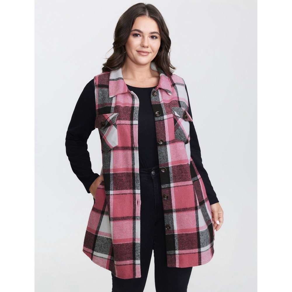 Bloomchic Sleeveless Flannel Jacket Womens 26 Pink Plaid Vest Shacket Button Up